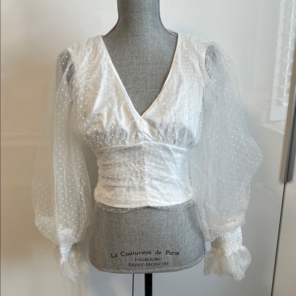 NWOT Elegant White Sheer Chiffon Deep V Puff Sleeve Top, Size M - Picture 1 of 11